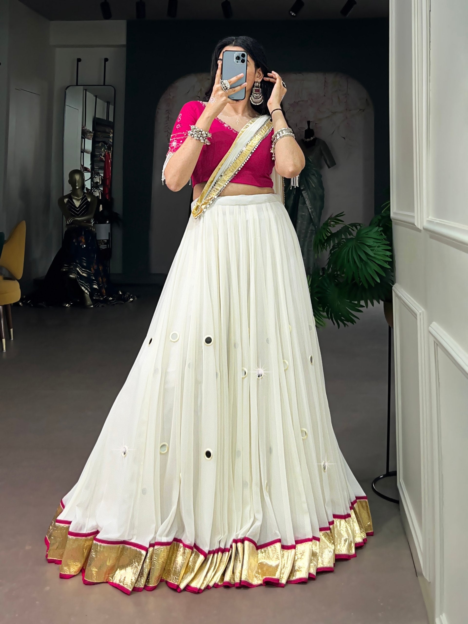Ivory White Navratri Lehenga Choli Set with Rani Pink Blouse & Mirror Work Dupatta
