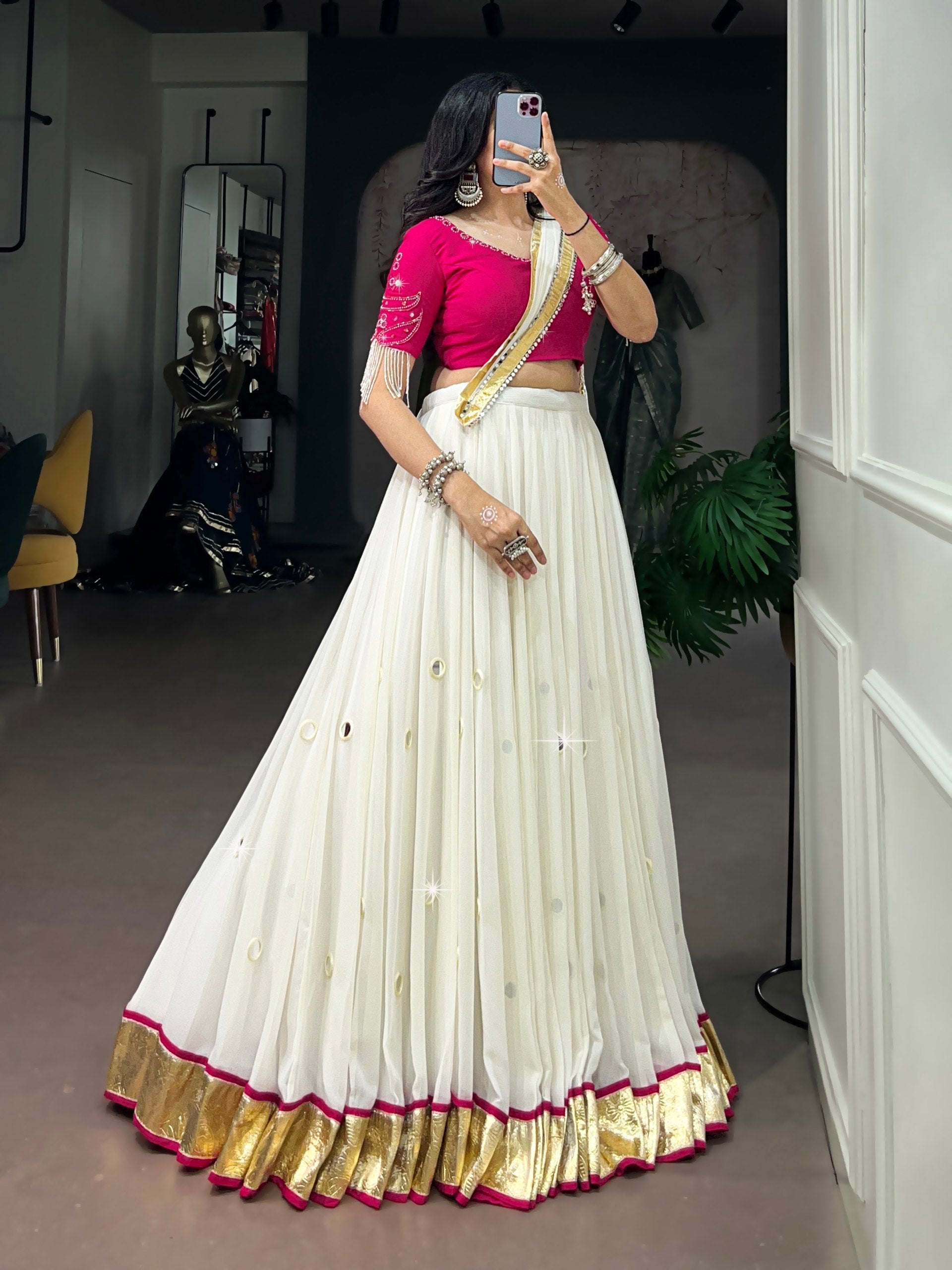 Ivory White Navratri Lehenga Choli Set with Rani Pink Blouse & Mirror Work Dupatta