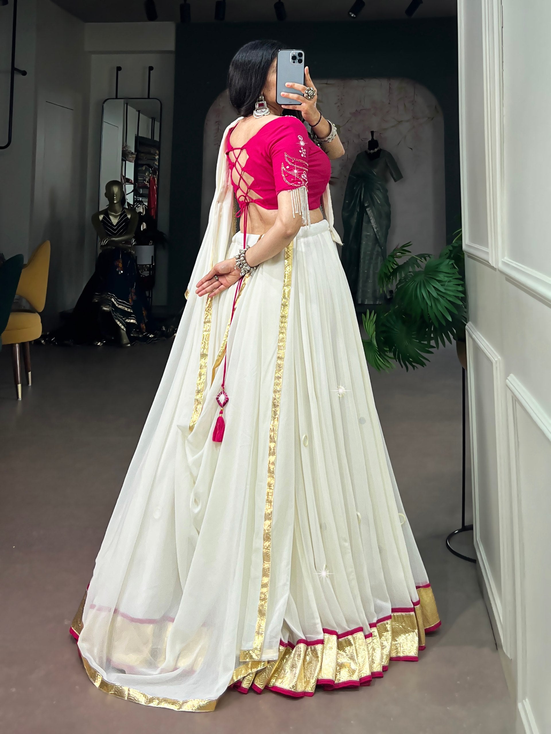 Ivory White Navratri Lehenga Choli Set with Rani Pink Blouse & Mirror Work Dupatta