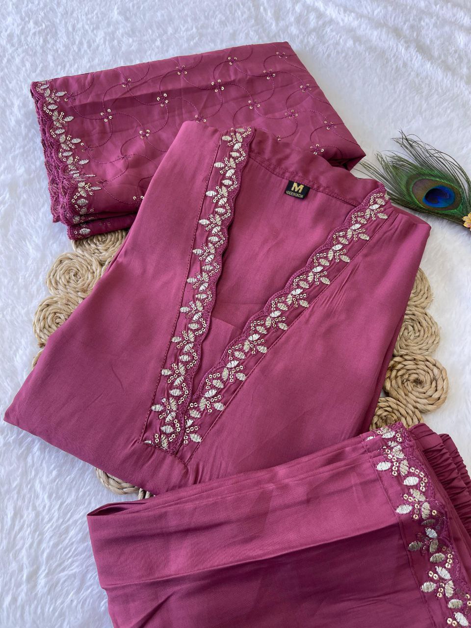 Candy Floss Embroidered Work Kurta Pant Dupatta