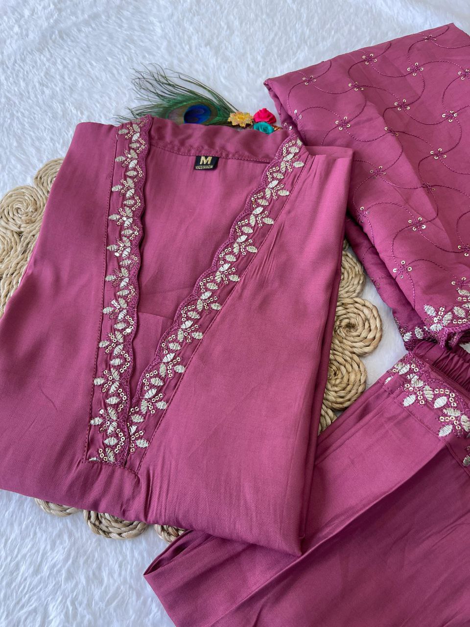 Candy Floss Embroidered Work Kurta Pant Dupatta