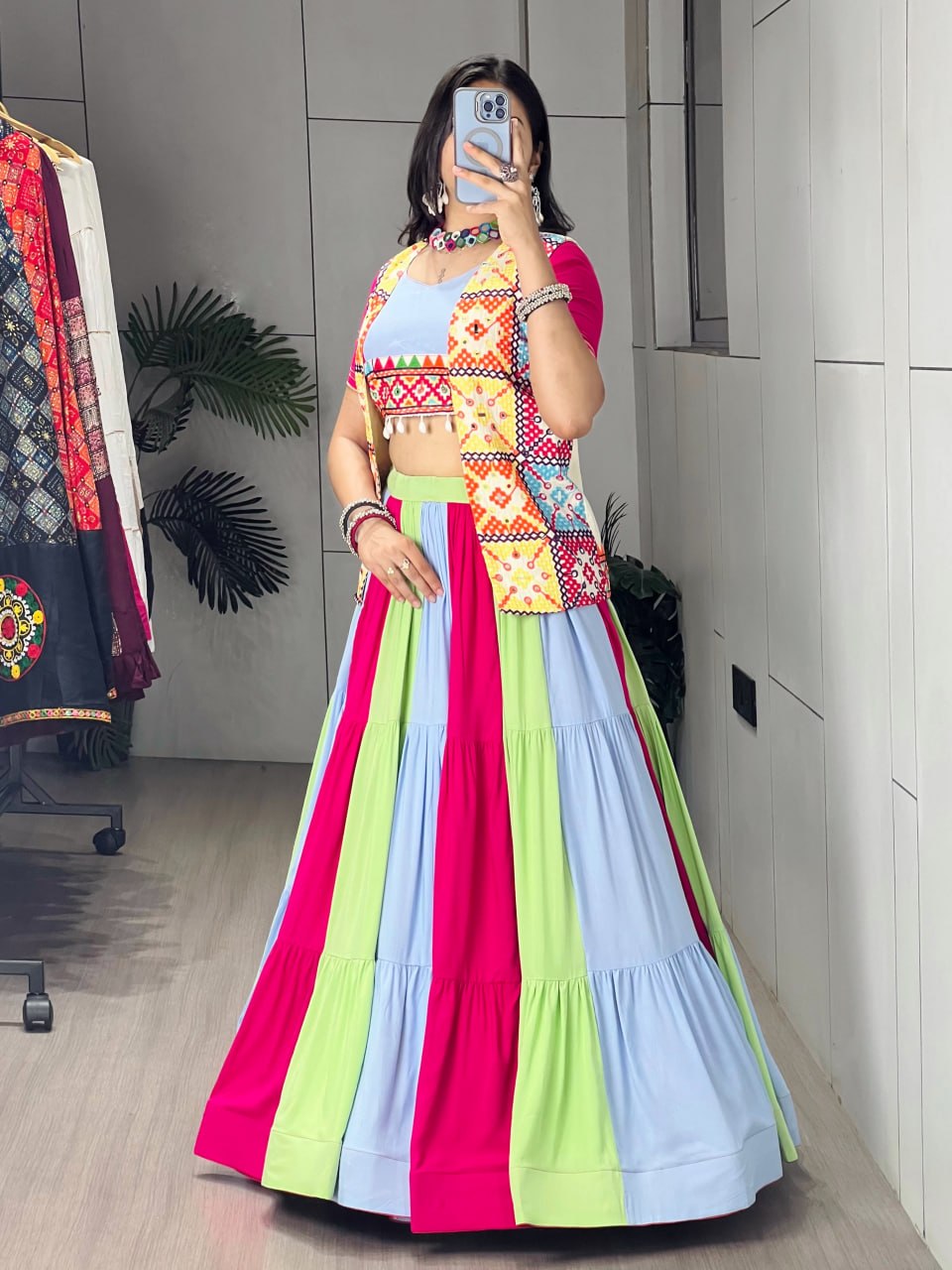 Pastel Multicolor Pure Rayon Cotton Navratri Lehenga Choli with Mirror Work Koti