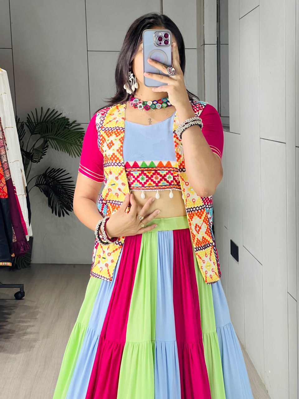 Pastel Multicolor Pure Rayon Cotton Navratri Lehenga Choli with Mirror Work Koti