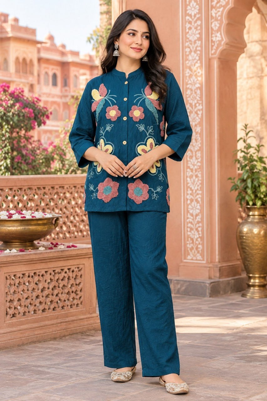 Teal Blue Floral Embroidered Co-Ord Set for Women | Premium NV Herring Fabric