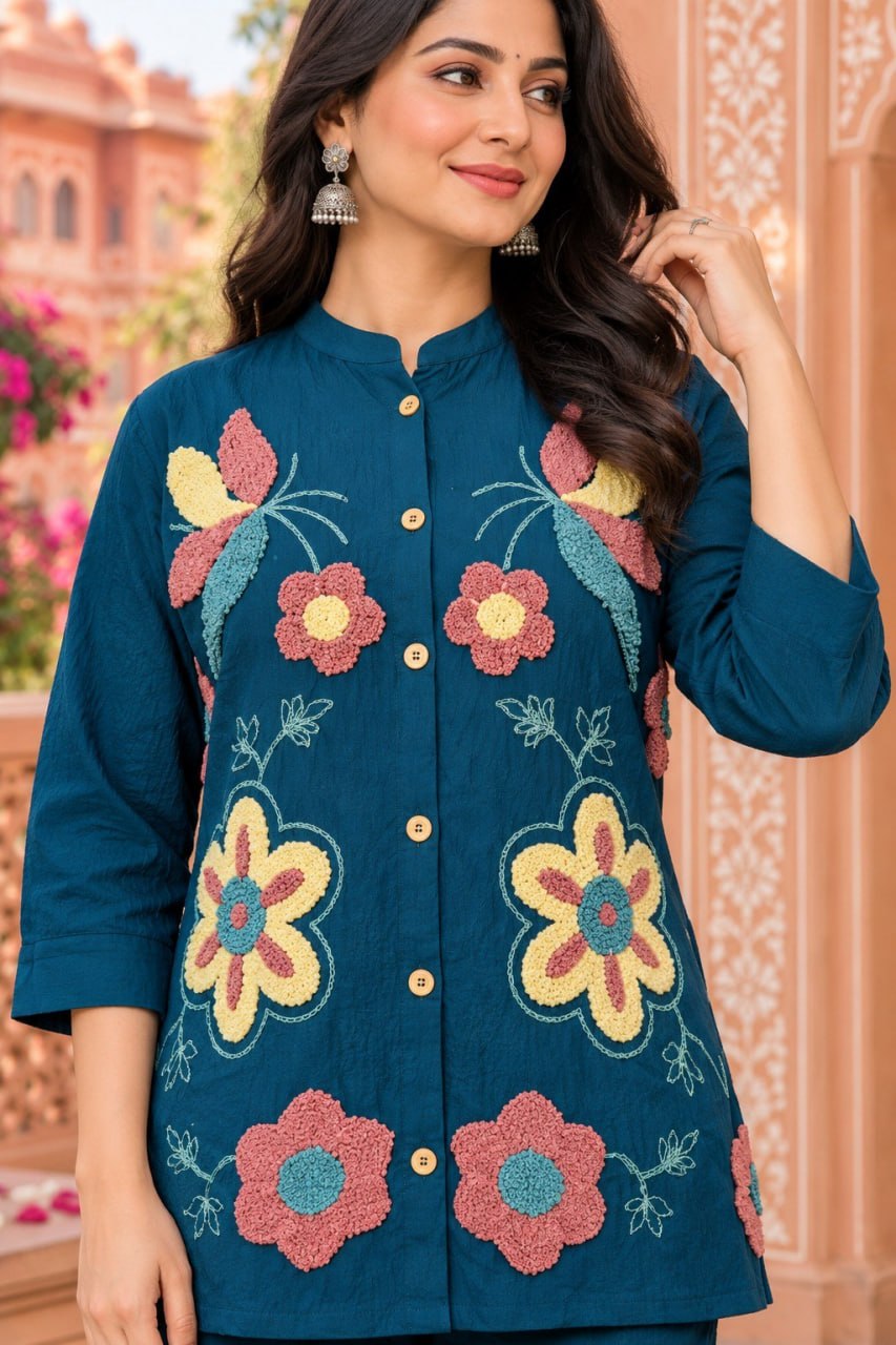 Teal Blue Floral Embroidered Co-Ord Set for Women | Premium NV Herring Fabric