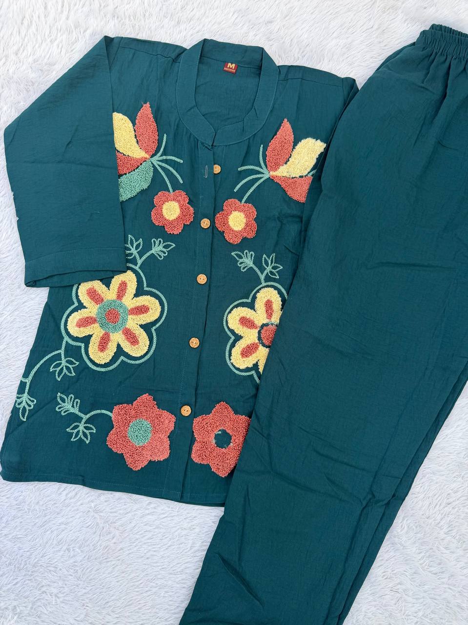 Teal Blue Floral Embroidered Co-Ord Set for Women | Premium NV Herring Fabric