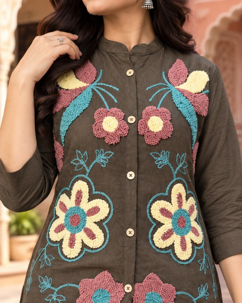 Dark Brown Embroidered Co-Ord Set for Women with Heavy Loop Work