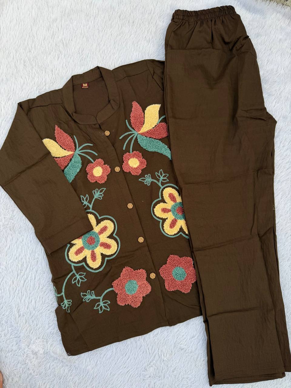 Dark Brown Embroidered Co-Ord Set for Women with Heavy Loop Work