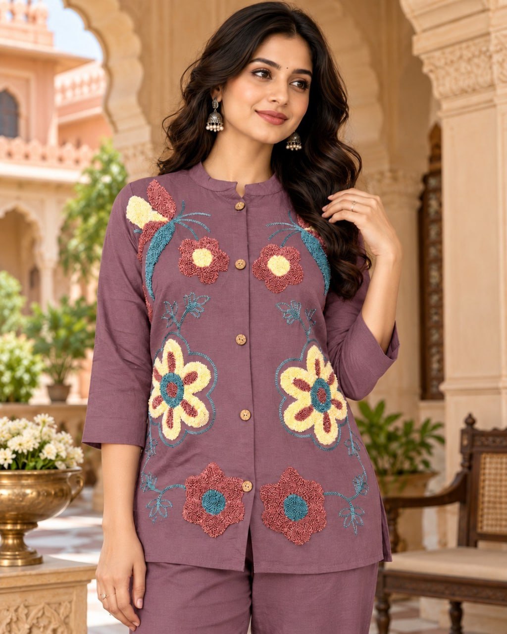 Mauve Purple Floral Embroidered Co-Ord Set for Women with Heavy Loop Work