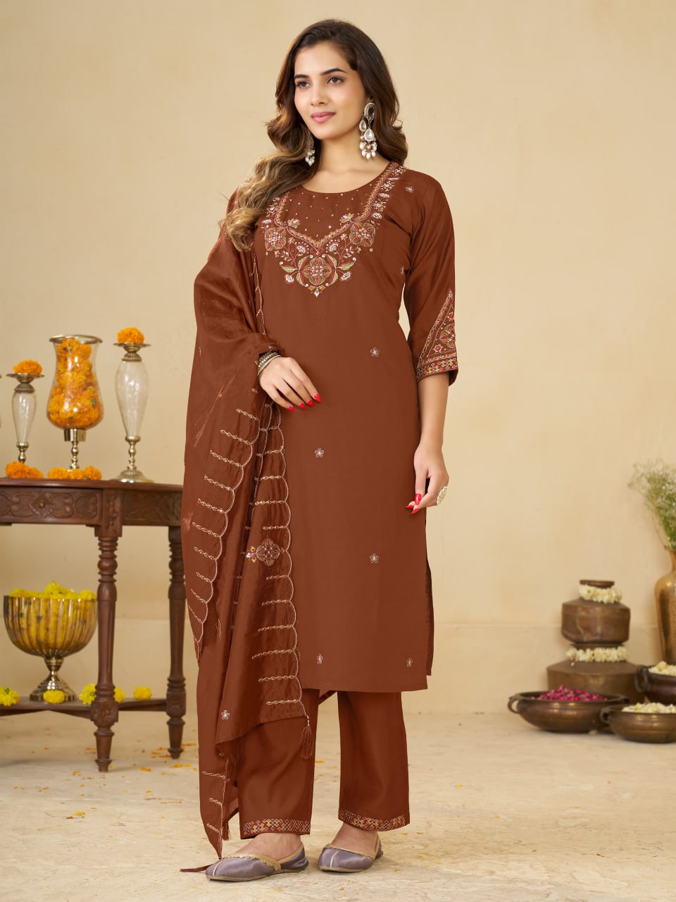 Chocolate Brown Marina Silk Embroidered Kurti Pant Set with Maslin Dupatta
