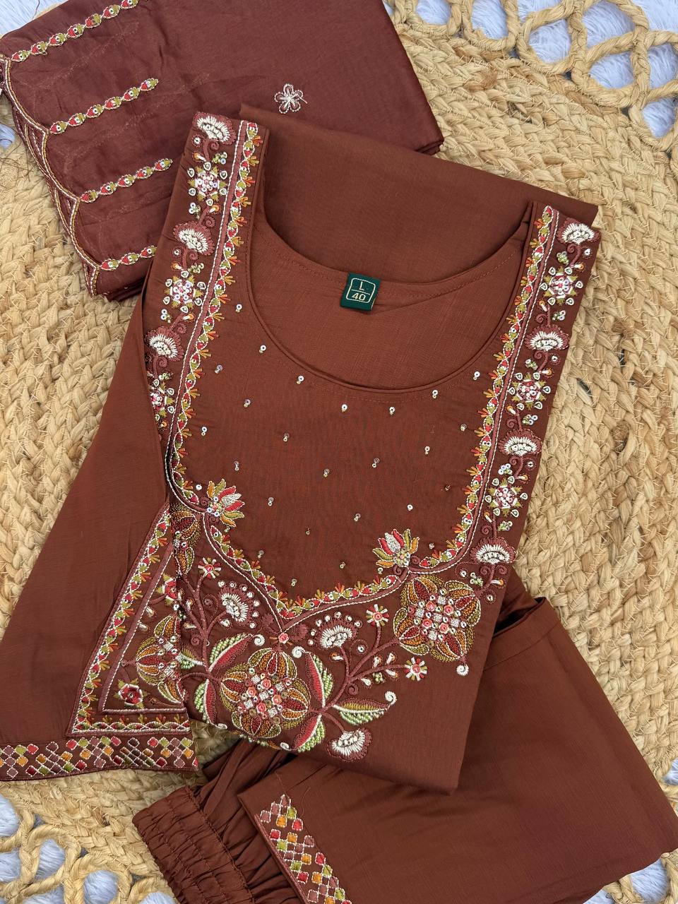 Chocolate Brown Marina Silk Embroidered Kurti Pant Set with Maslin Dupatta