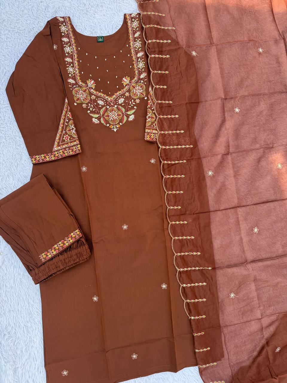 Chocolate Brown Marina Silk Embroidered Kurti Pant Set with Maslin Dupatta
