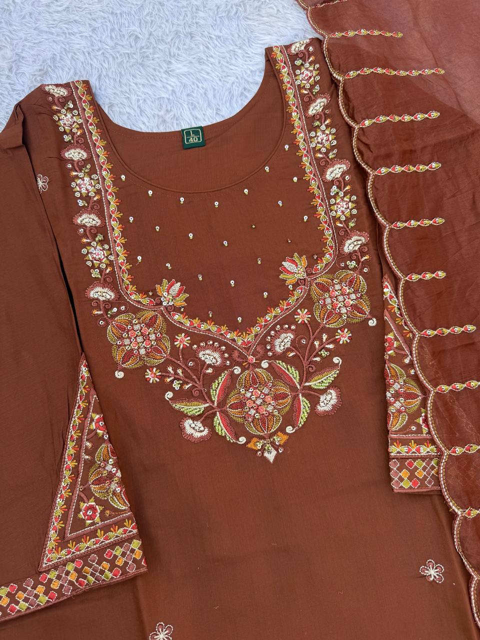 Chocolate Brown Marina Silk Embroidered Kurti Pant Set with Maslin Dupatta
