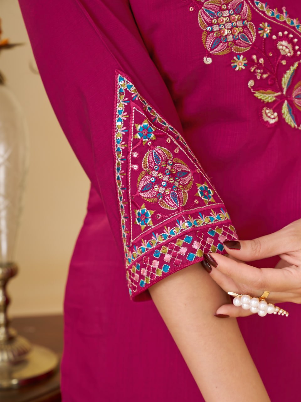 Rani Pink Marina Silk Embroidered Kurti Pant Set with Maslin Dupatta