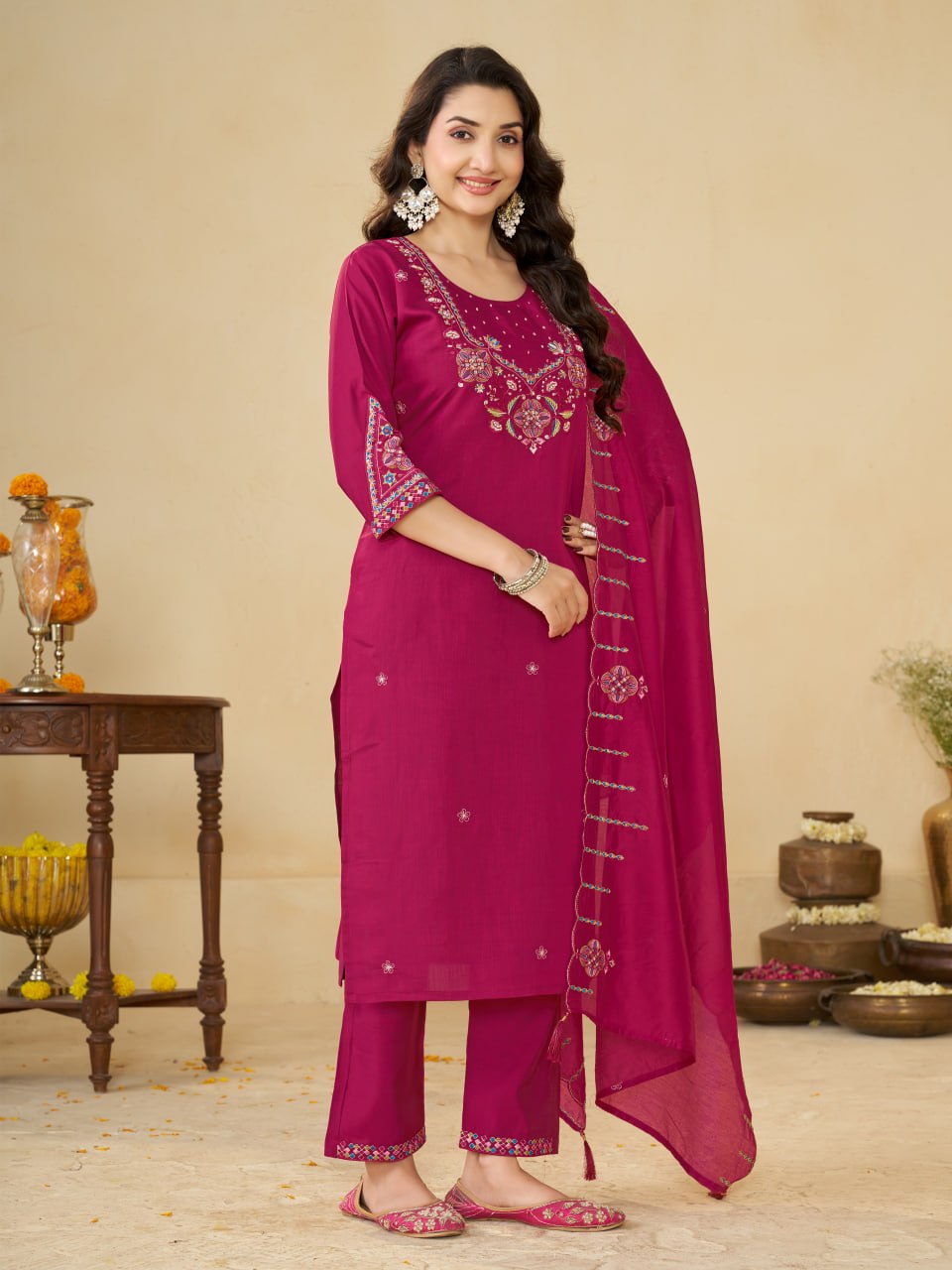 Rani Pink Marina Silk Embroidered Kurti Pant Set with Maslin Dupatta