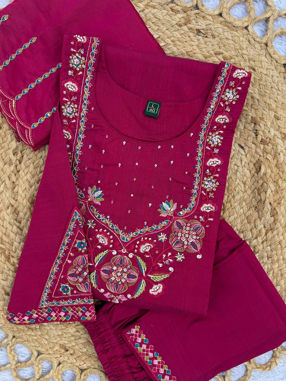 Rani Pink Marina Silk Embroidered Kurti Pant Set with Maslin Dupatta