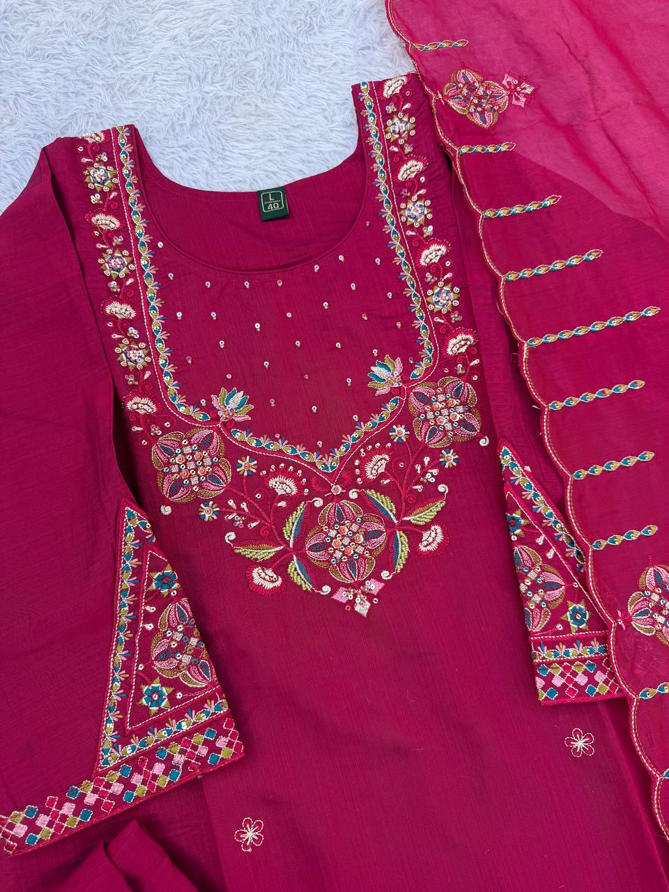 Rani Pink Marina Silk Embroidered Kurti Pant Set with Maslin Dupatta