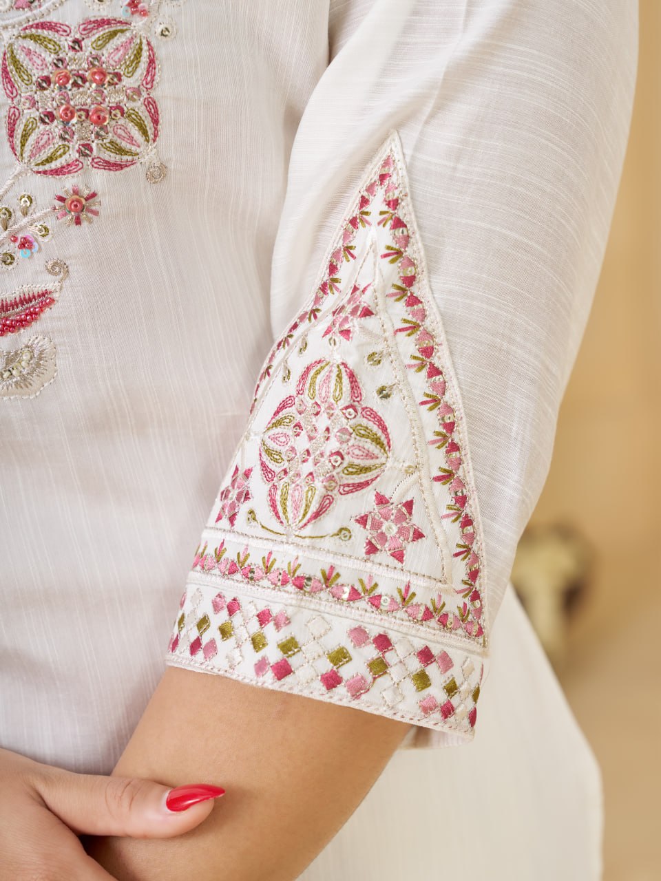 White Marina Silk Embroidered Kurti Pant Set with Maslin Dupatta
