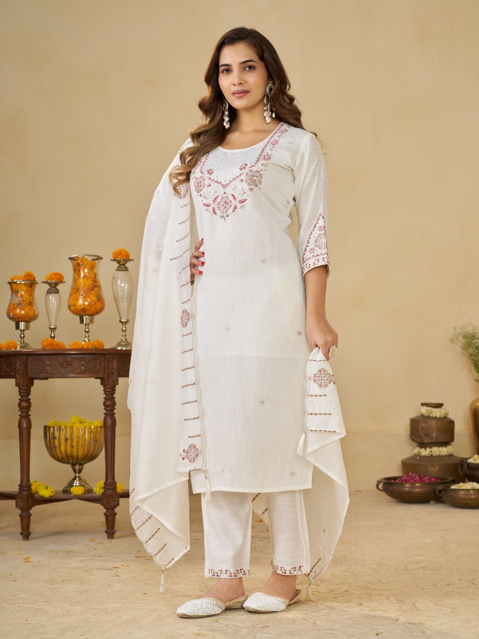 White Marina Silk Embroidered Kurti Pant Set with Maslin Dupatta