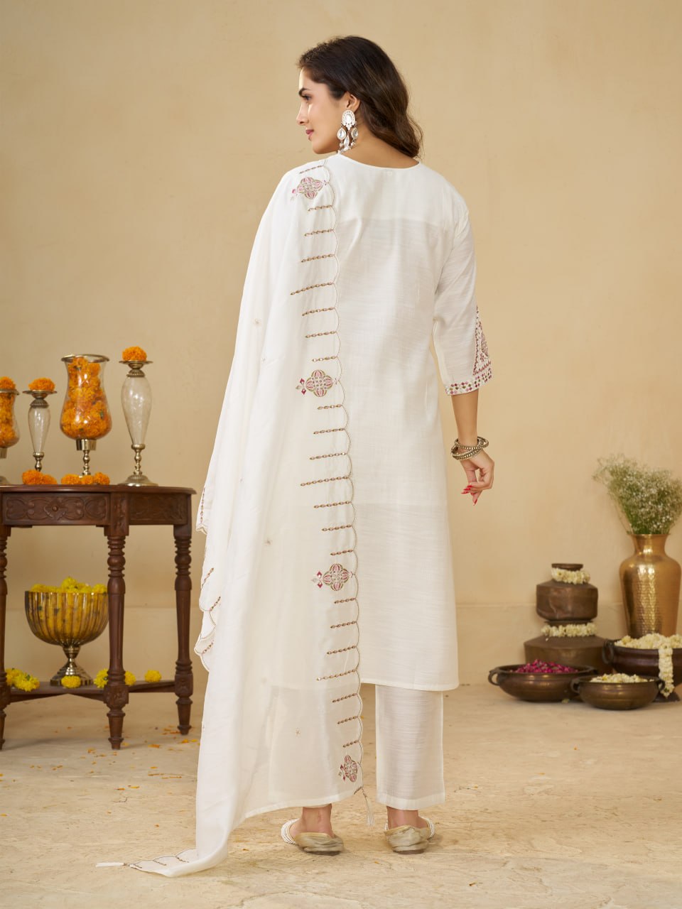 White Marina Silk Embroidered Kurti Pant Set with Maslin Dupatta