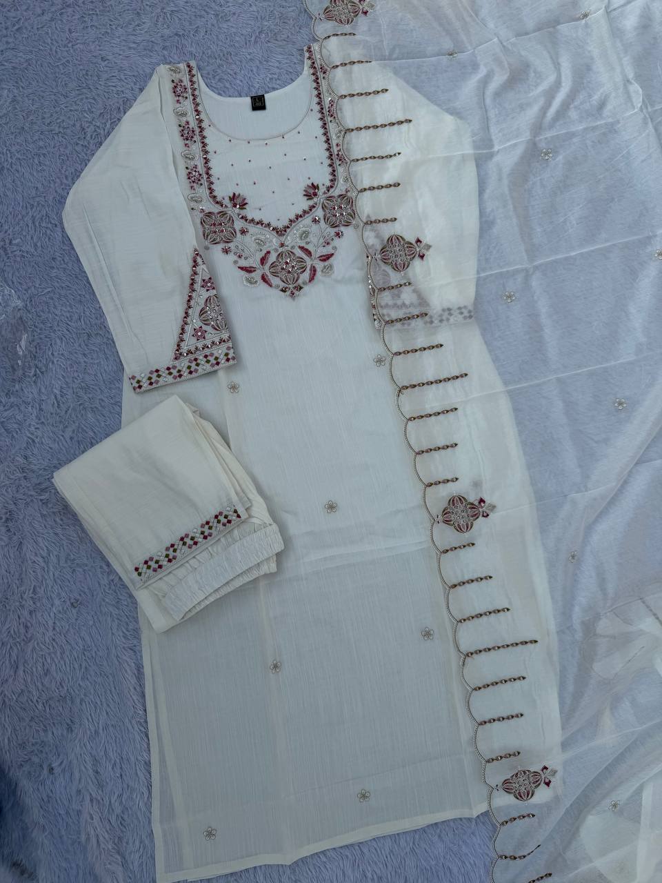 White Marina Silk Embroidered Kurti Pant Set with Maslin Dupatta
