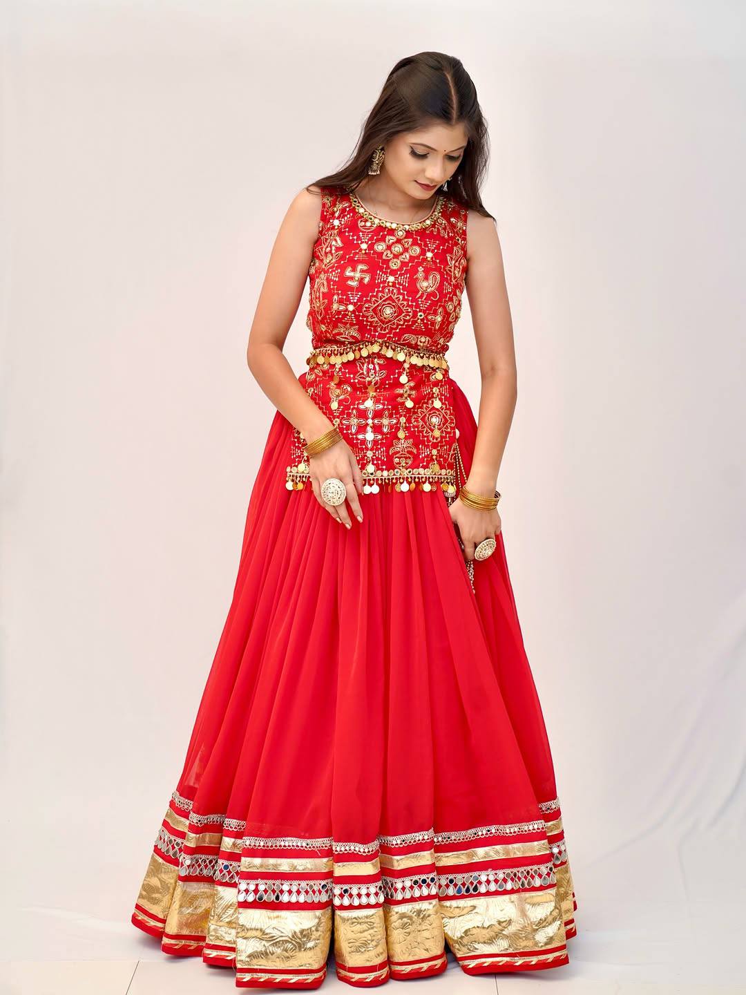 Bridal Red Faux Georgette Lehenga Choli with Mirror Lace & Embroidered Blouse