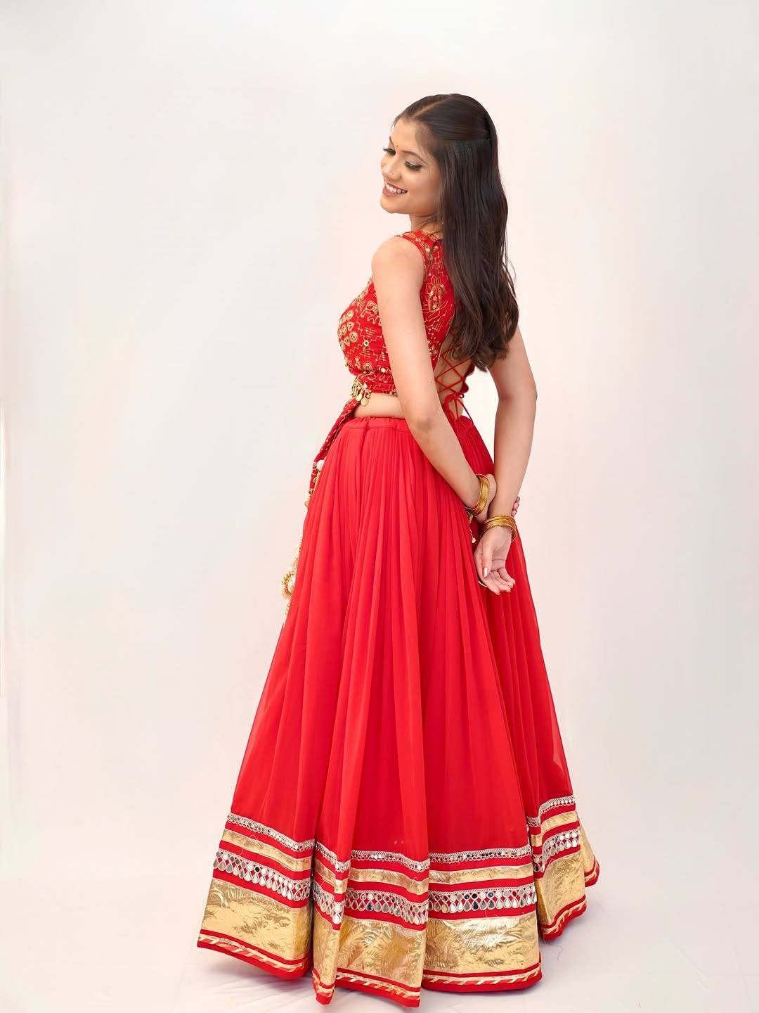 Bridal Red Faux Georgette Lehenga Choli with Mirror Lace & Embroidered Blouse