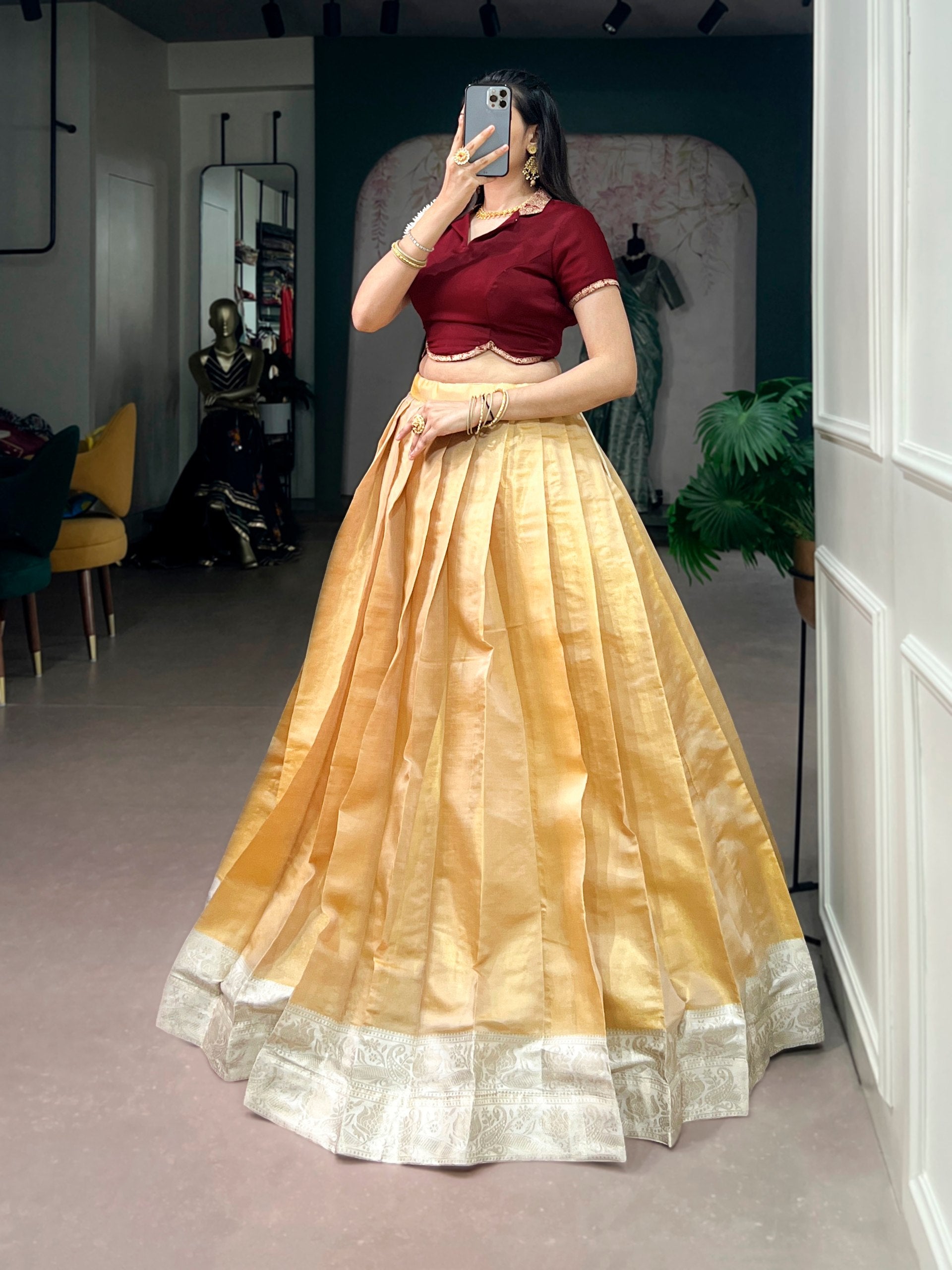Champagne Gold Kanchipuram Silk Onam Pavada Lehenga with Satin Silk Blouse