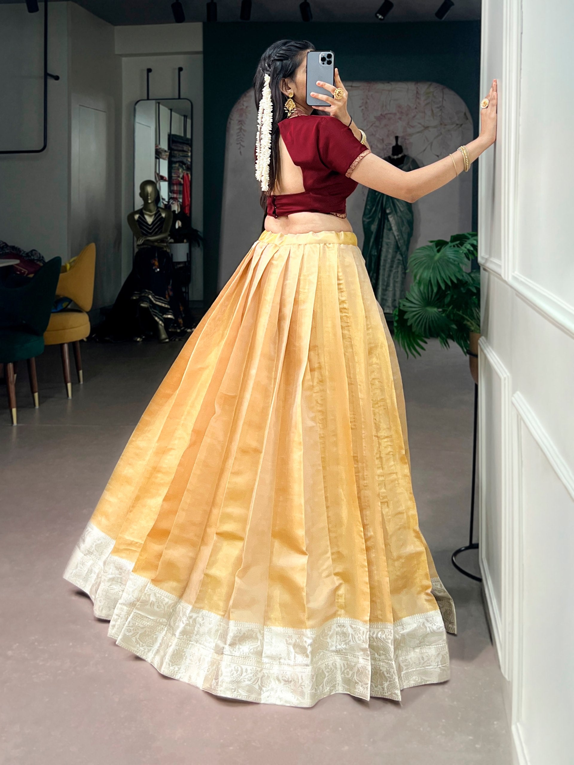 Champagne Gold Kanchipuram Silk Onam Pavada Lehenga with Satin Silk Blouse