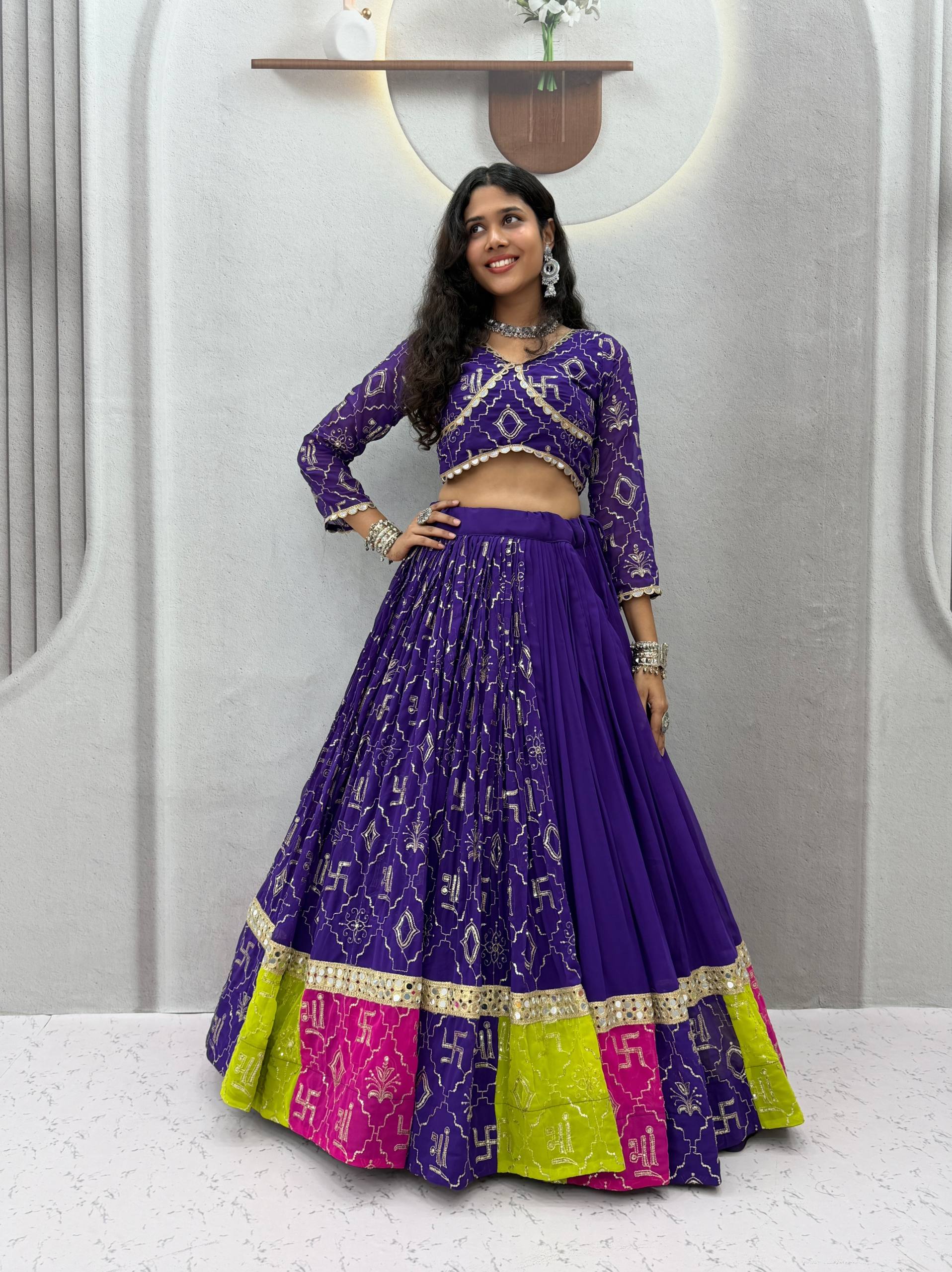 Royal Purple Navratri Lehenga Choli Set with Pink Dupatta & Mirror Lace Work