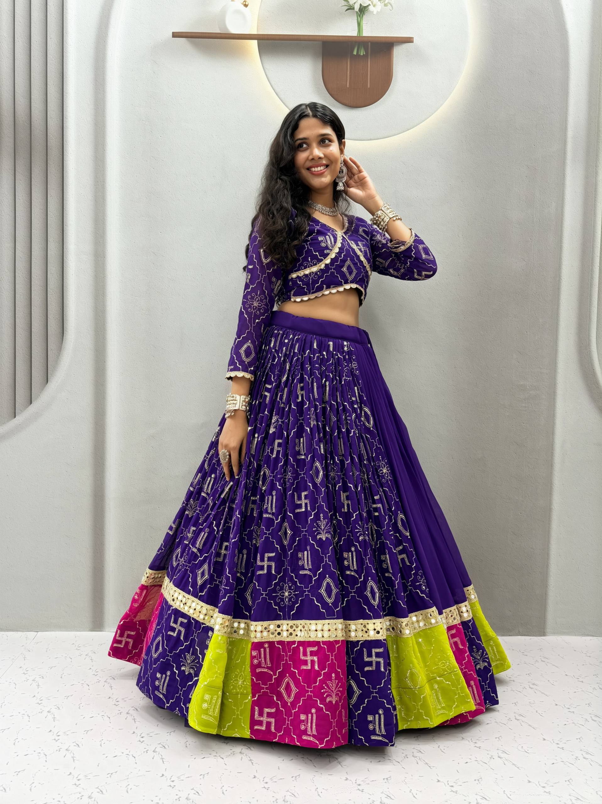 Royal Purple Navratri Lehenga Choli Set with Pink Dupatta & Mirror Lace Work