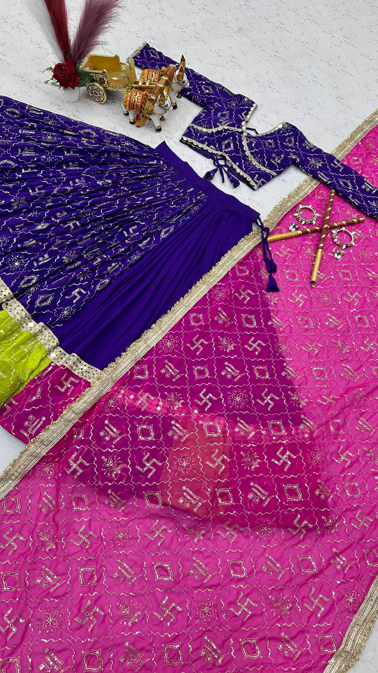 Royal Purple Navratri Lehenga Choli Set with Pink Dupatta & Mirror Lace Work