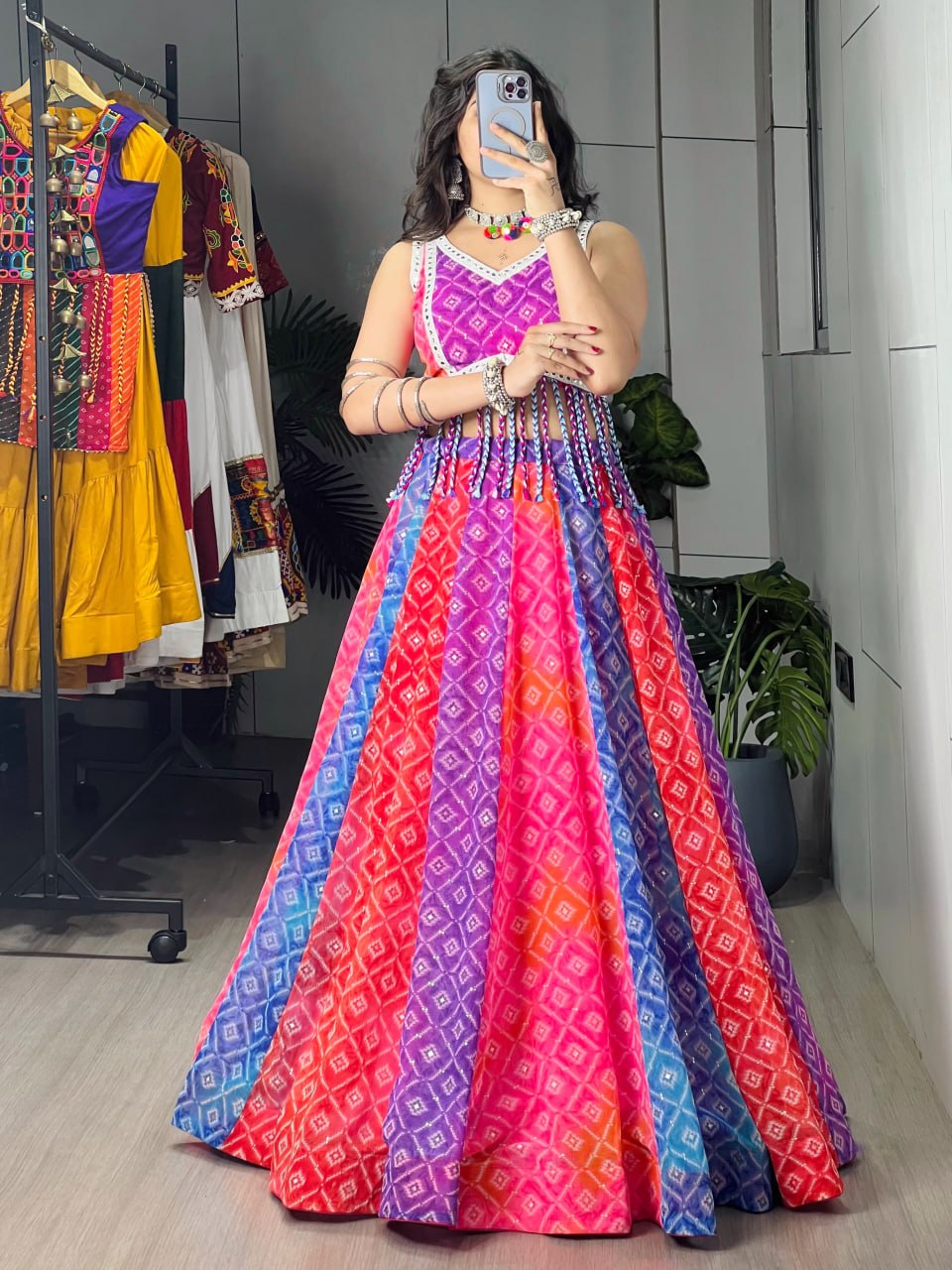 Tara Multicolor Bandhani Print Faux Fabric Navratri Lehenga Choli