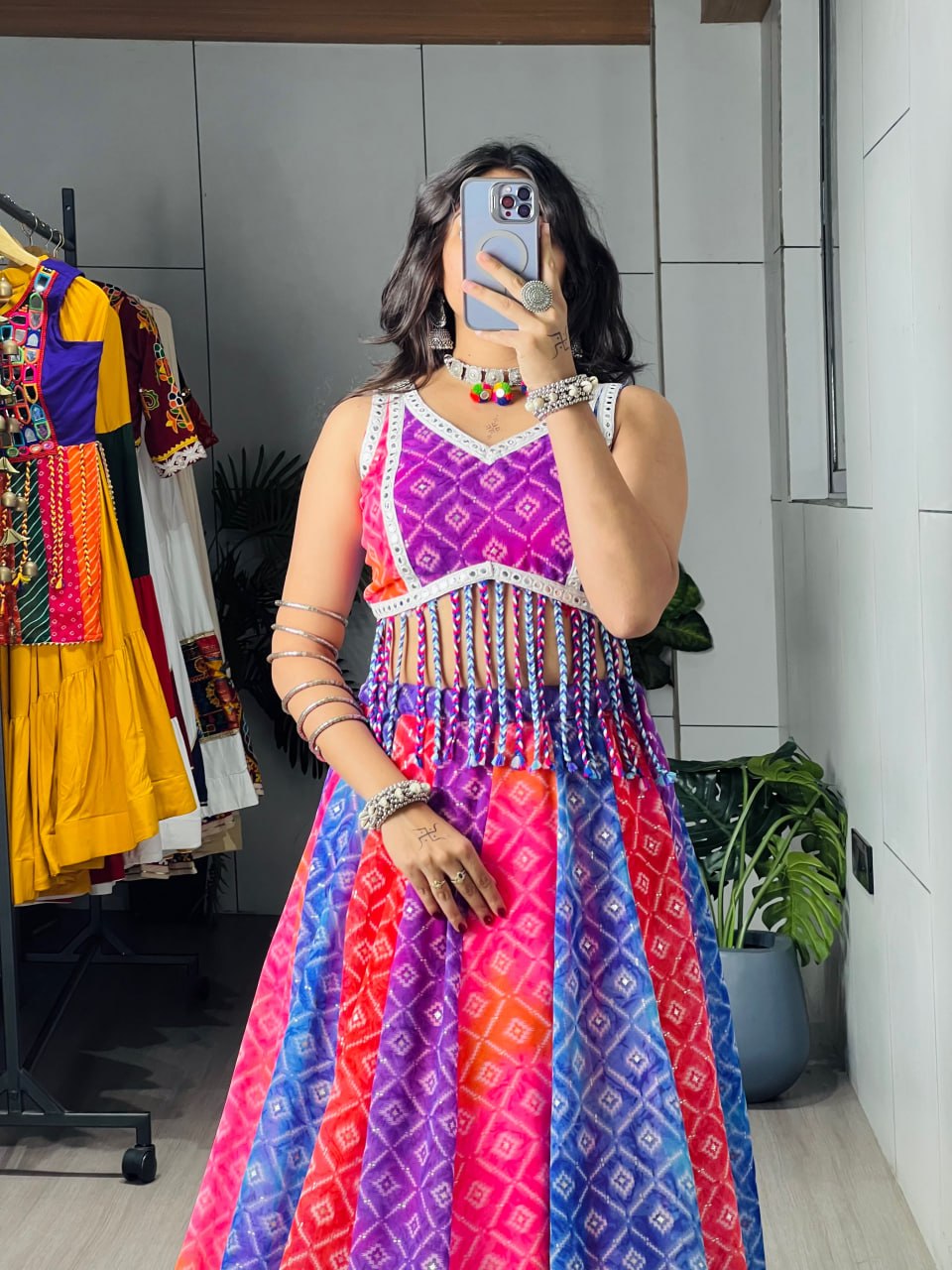 Tara Multicolor Bandhani Print Faux Fabric Navratri Lehenga Choli