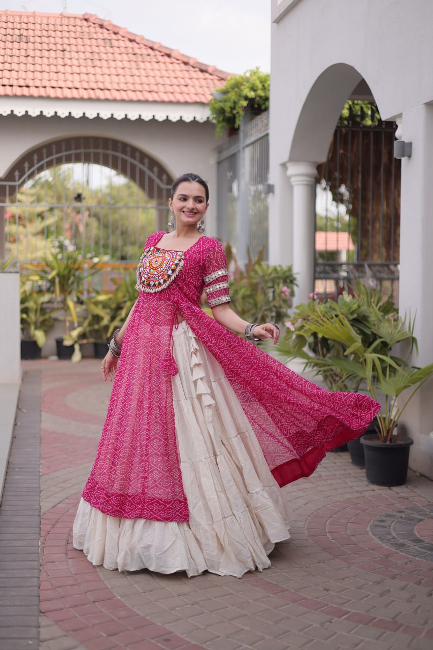 Rani Pink Bandhani Print Kora Cotton Lehenga with Kutchi Patchwork Kurti