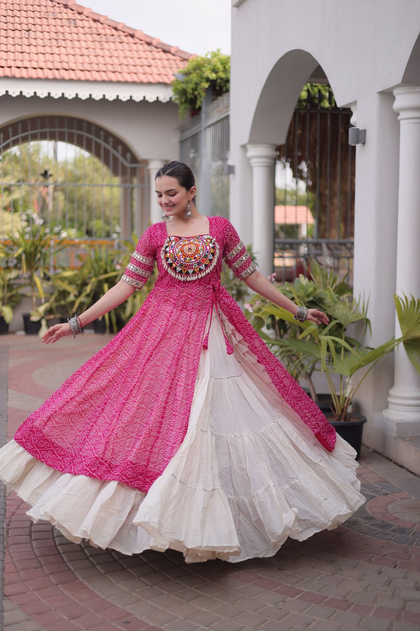 Rani Pink Bandhani Print Kora Cotton Lehenga with Kutchi Patchwork Kurti