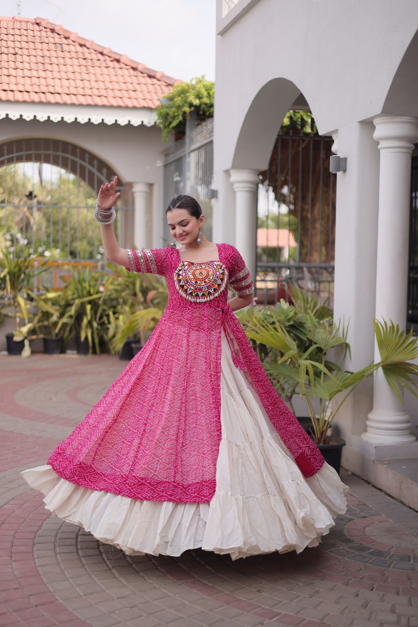 Rani Pink Bandhani Print Kora Cotton Lehenga with Kutchi Patchwork Kurti