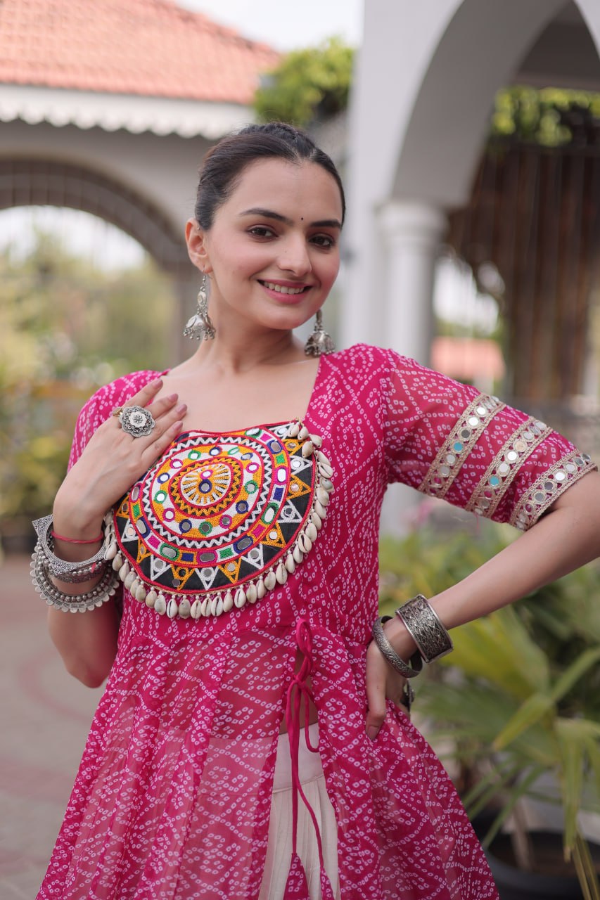 Rani Pink Bandhani Print Kora Cotton Lehenga with Kutchi Patchwork Kurti