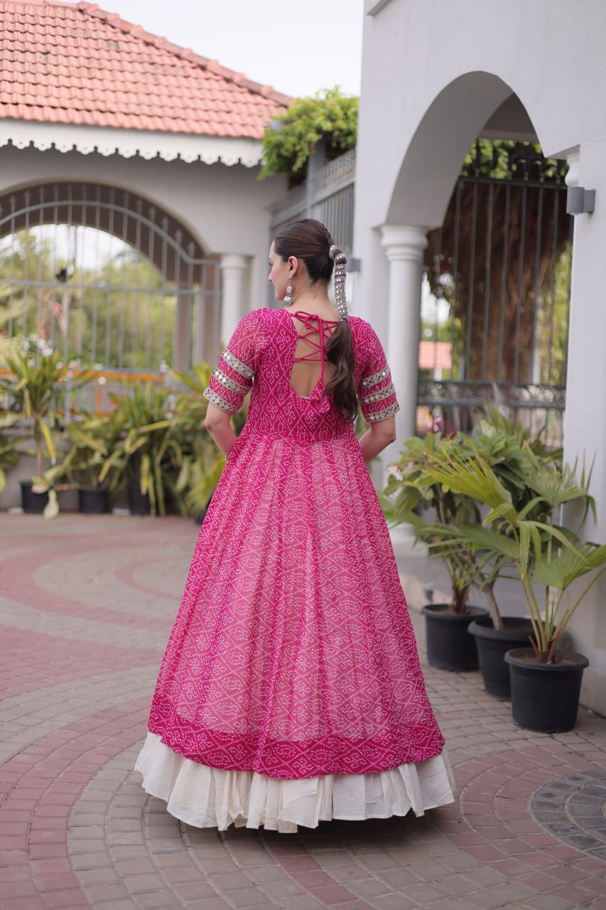 Rani Pink Bandhani Print Kora Cotton Lehenga with Kutchi Patchwork Kurti