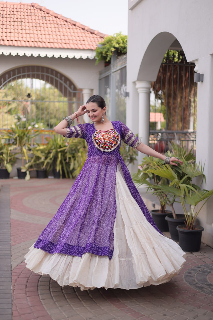 Royal Purple Bandhani Print Kora Cotton Lehenga with Kutchi Patchwork Kurti