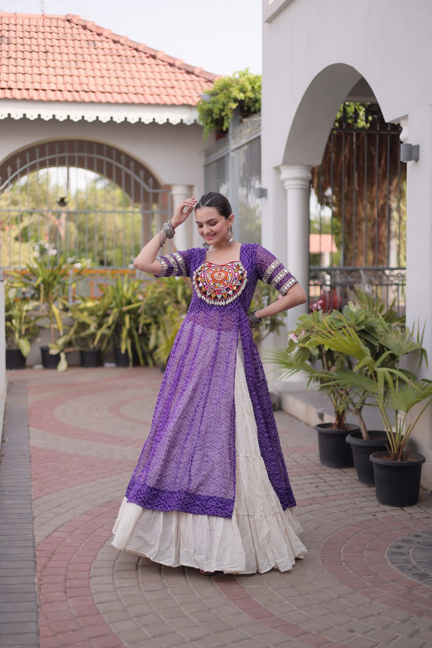 Royal Purple Bandhani Print Kora Cotton Lehenga with Kutchi Patchwork Kurti