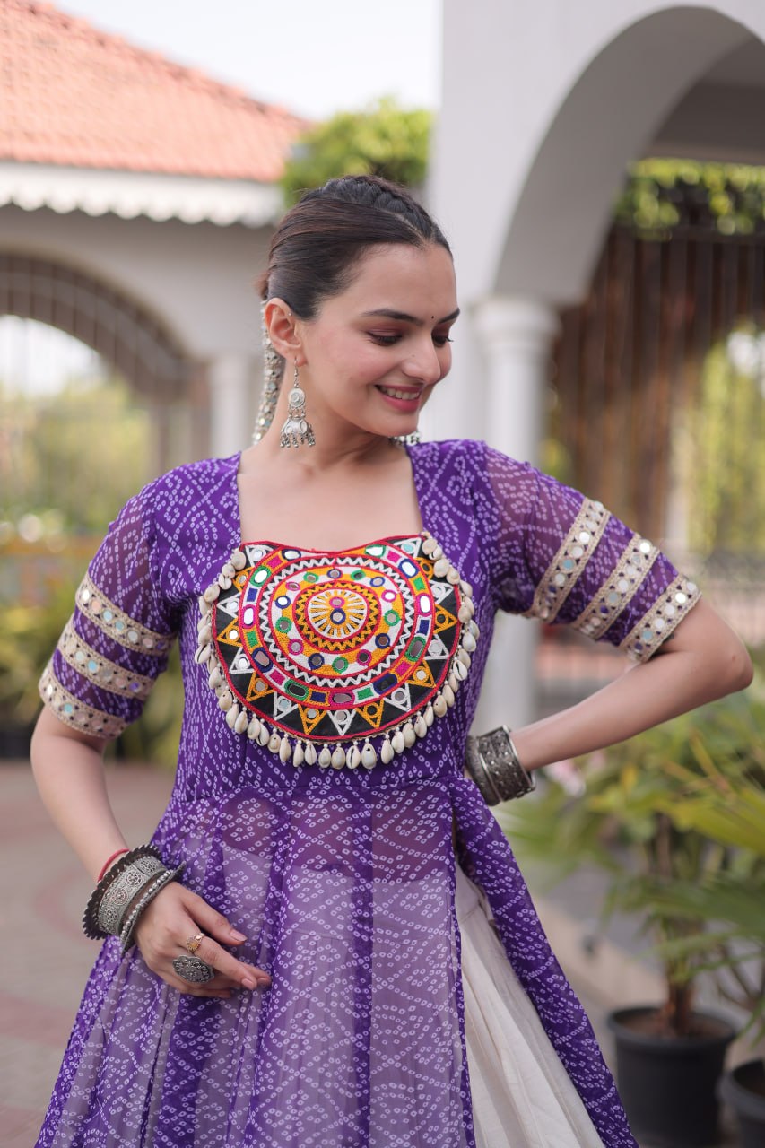 Royal Purple Bandhani Print Kora Cotton Lehenga with Kutchi Patchwork Kurti