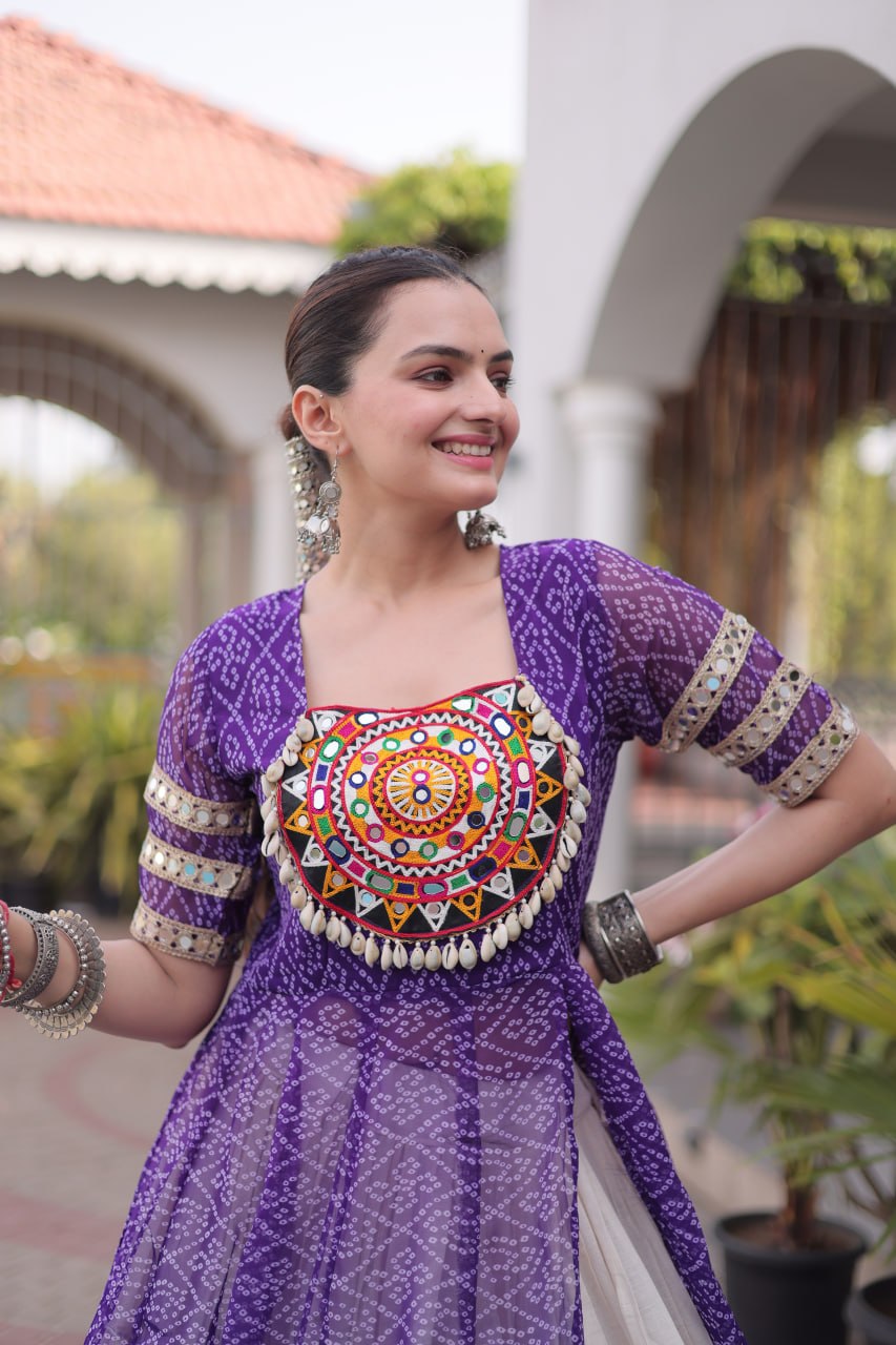 Royal Purple Bandhani Print Kora Cotton Lehenga with Kutchi Patchwork Kurti