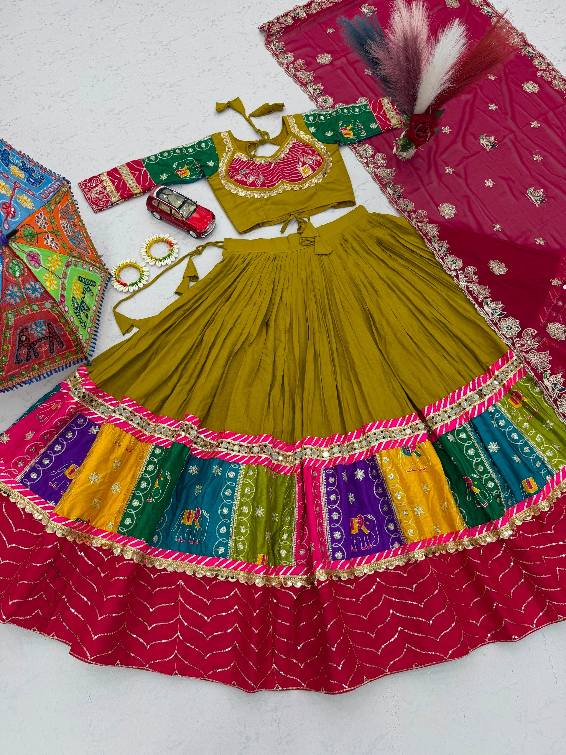Olive Green Multicolor Pure Cotton Navratri Lehenga Choli with Pink Dupatta