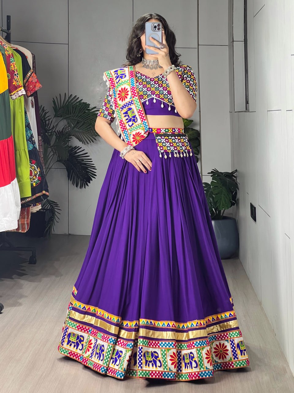 Royal Purple Pure Rayon Cotton Navratri Lehenga Choli Set with White Dupatta, Gamthi Embroidery & Mirror Work