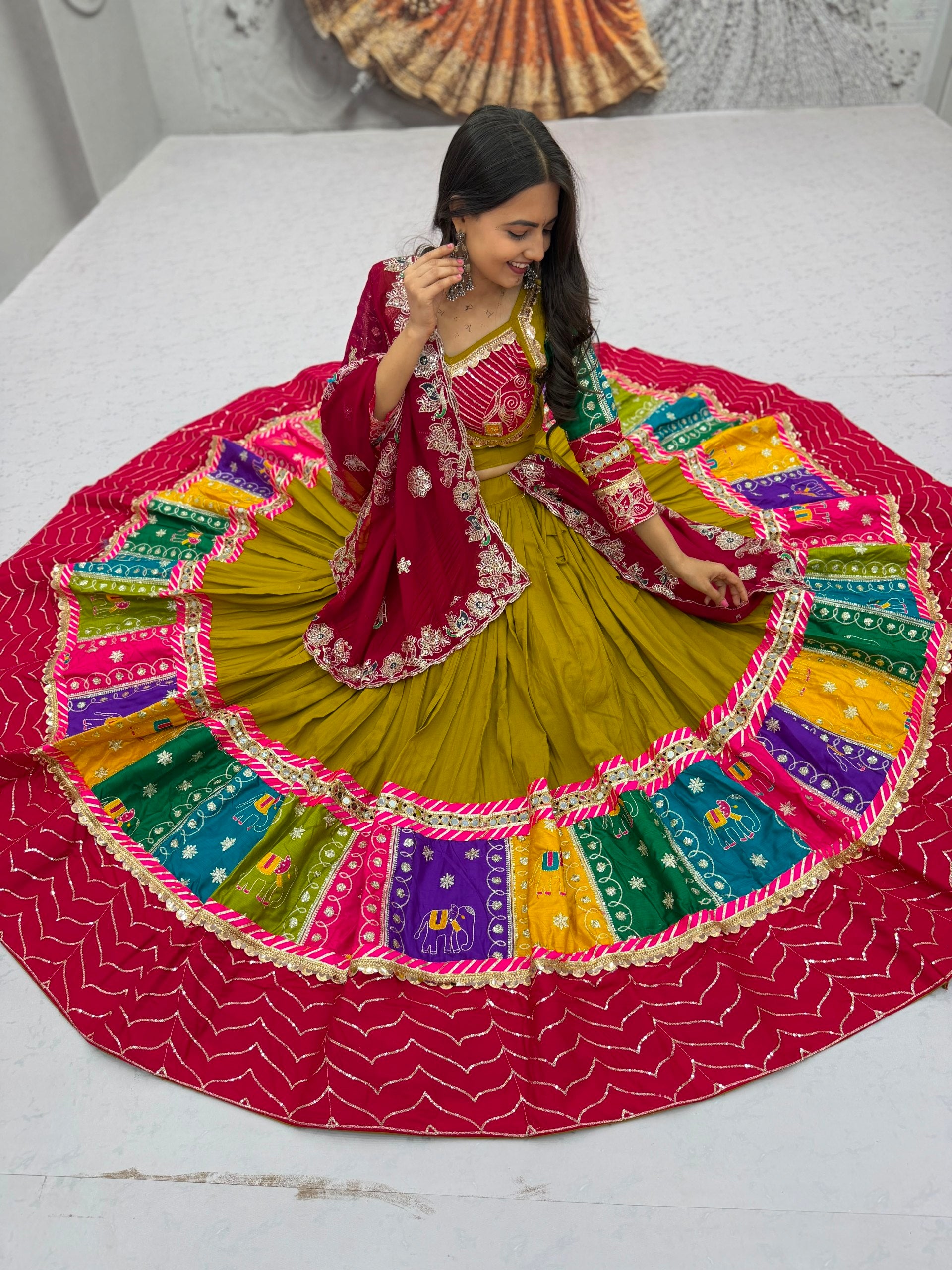 Olive Green Multicolor Pure Cotton Navratri Lehenga Choli with Pink Dupatta