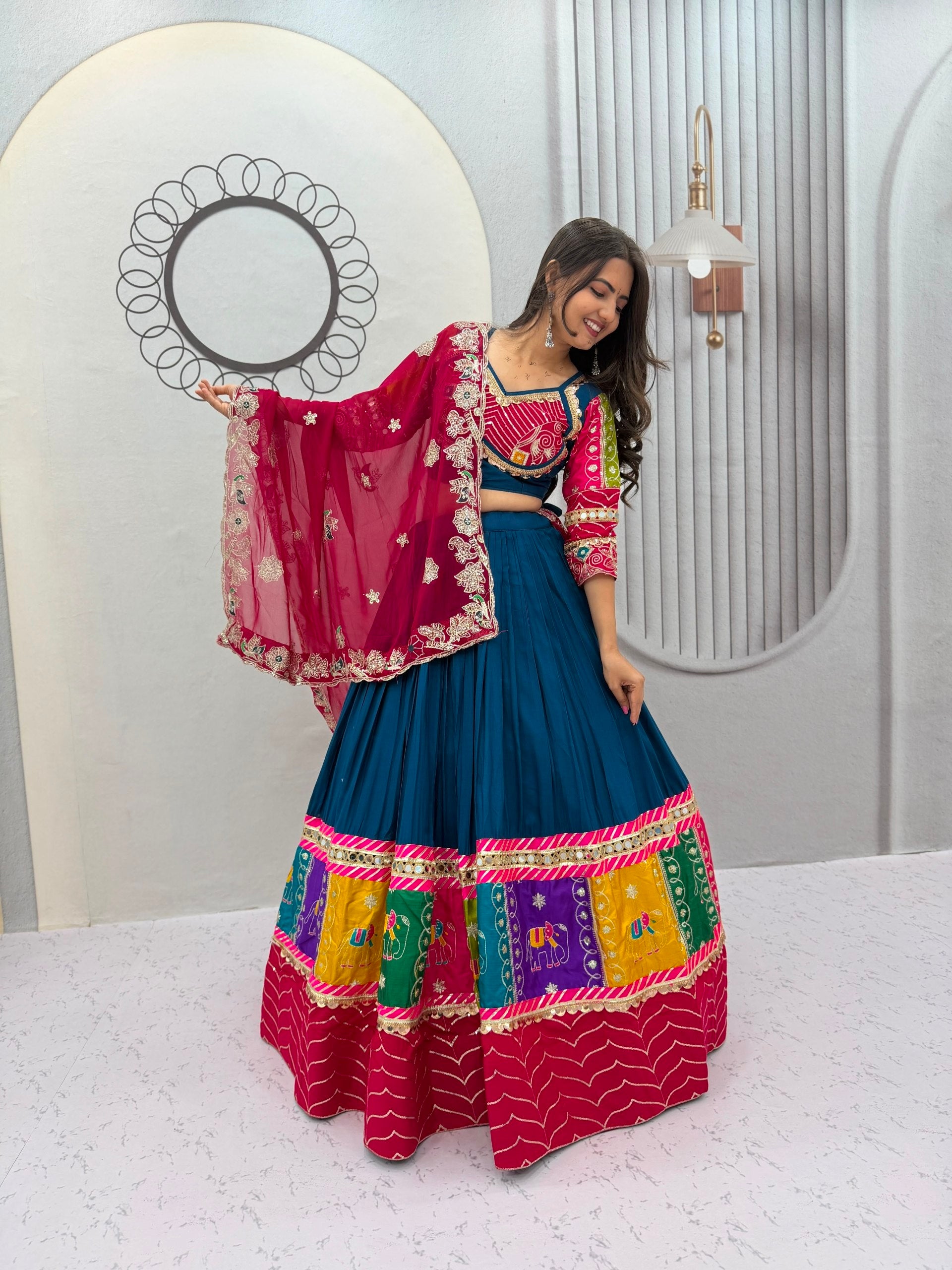 Teal Blue Multicolor Pure Cotton Navratri Lehenga Choli with Rani Pink Dupatta