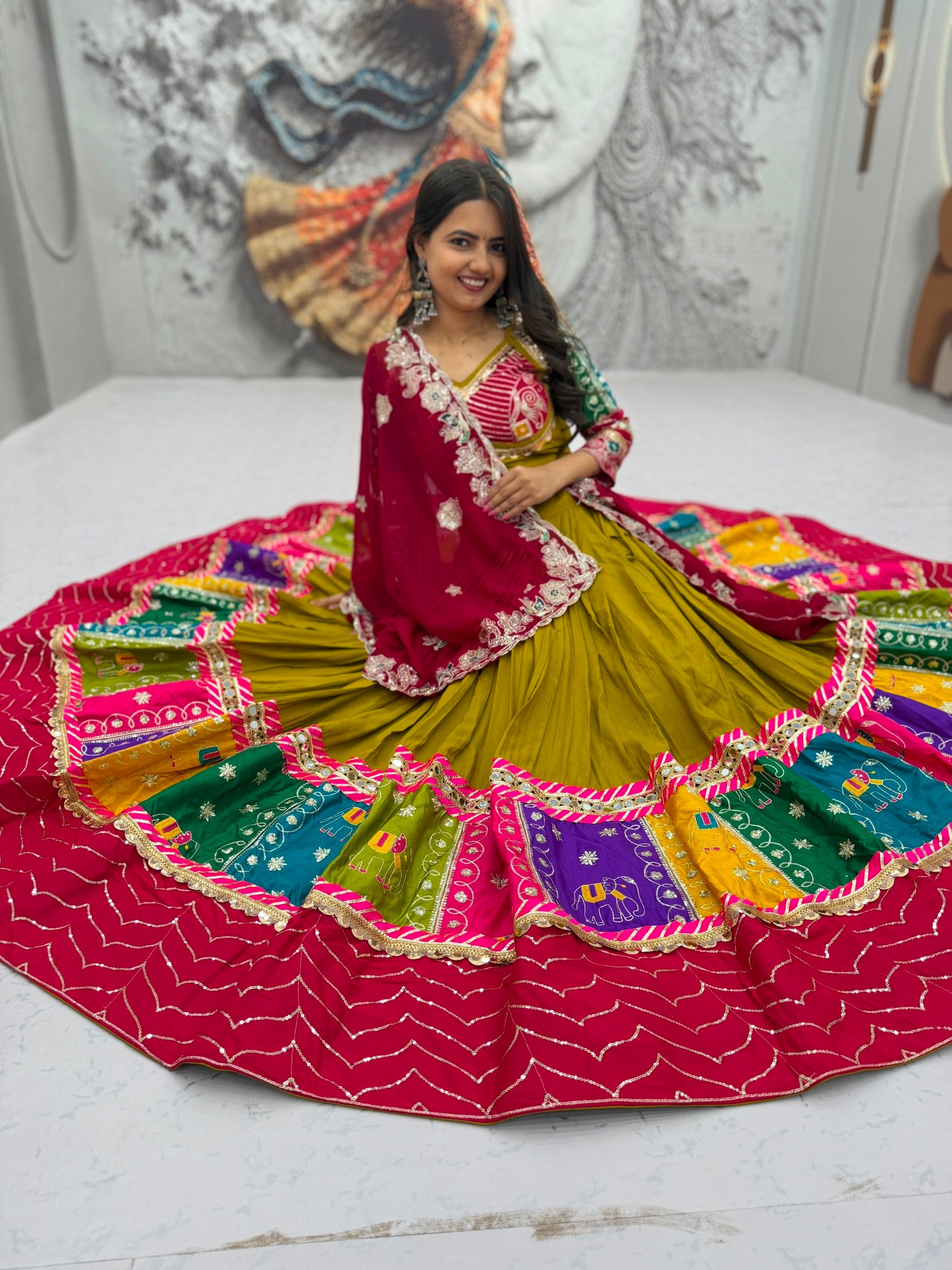 Olive Green Multicolor Pure Cotton Navratri Lehenga Choli with Pink Dupatta