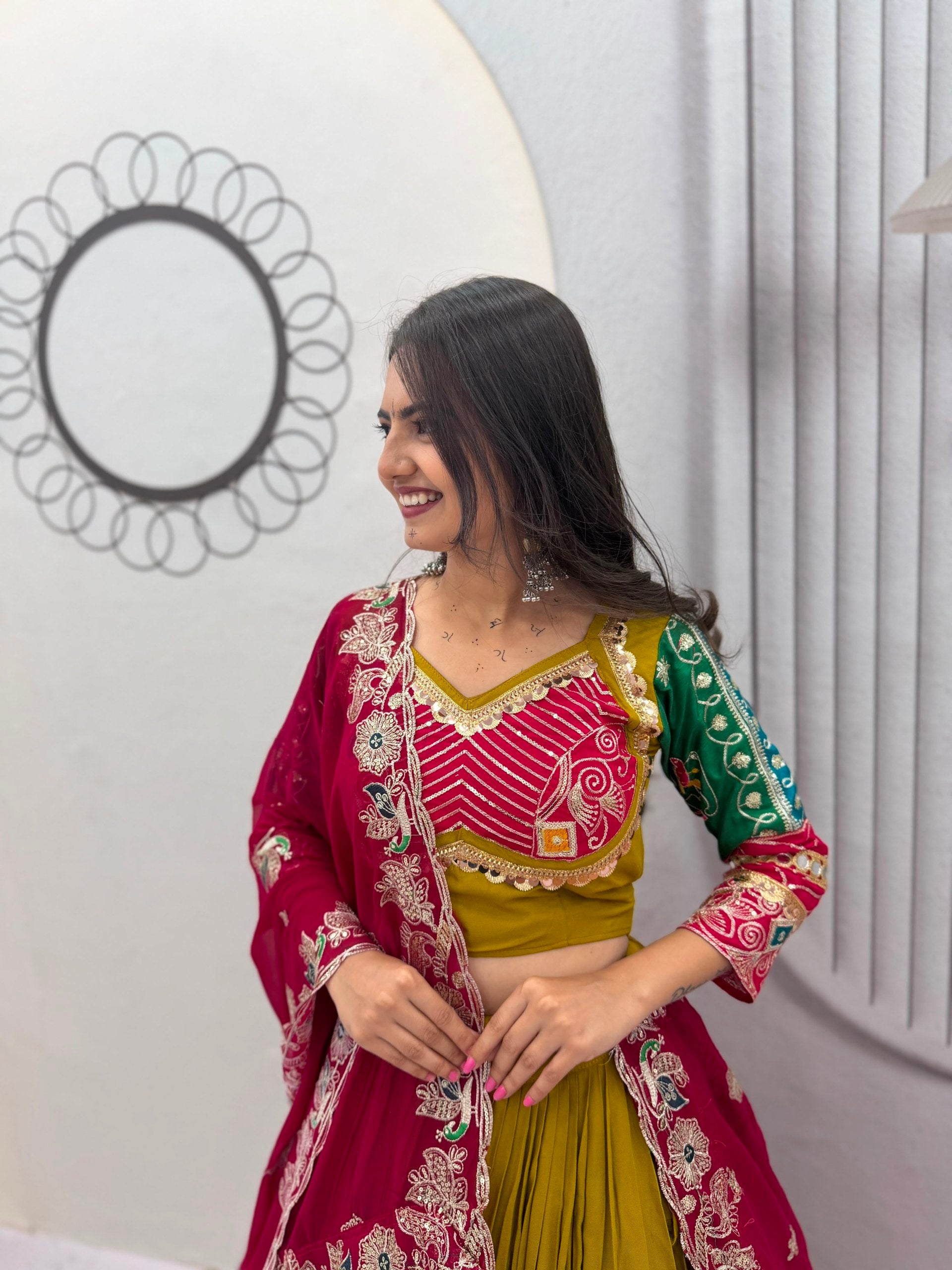 Olive Green Multicolor Pure Cotton Navratri Lehenga Choli with Pink Dupatta
