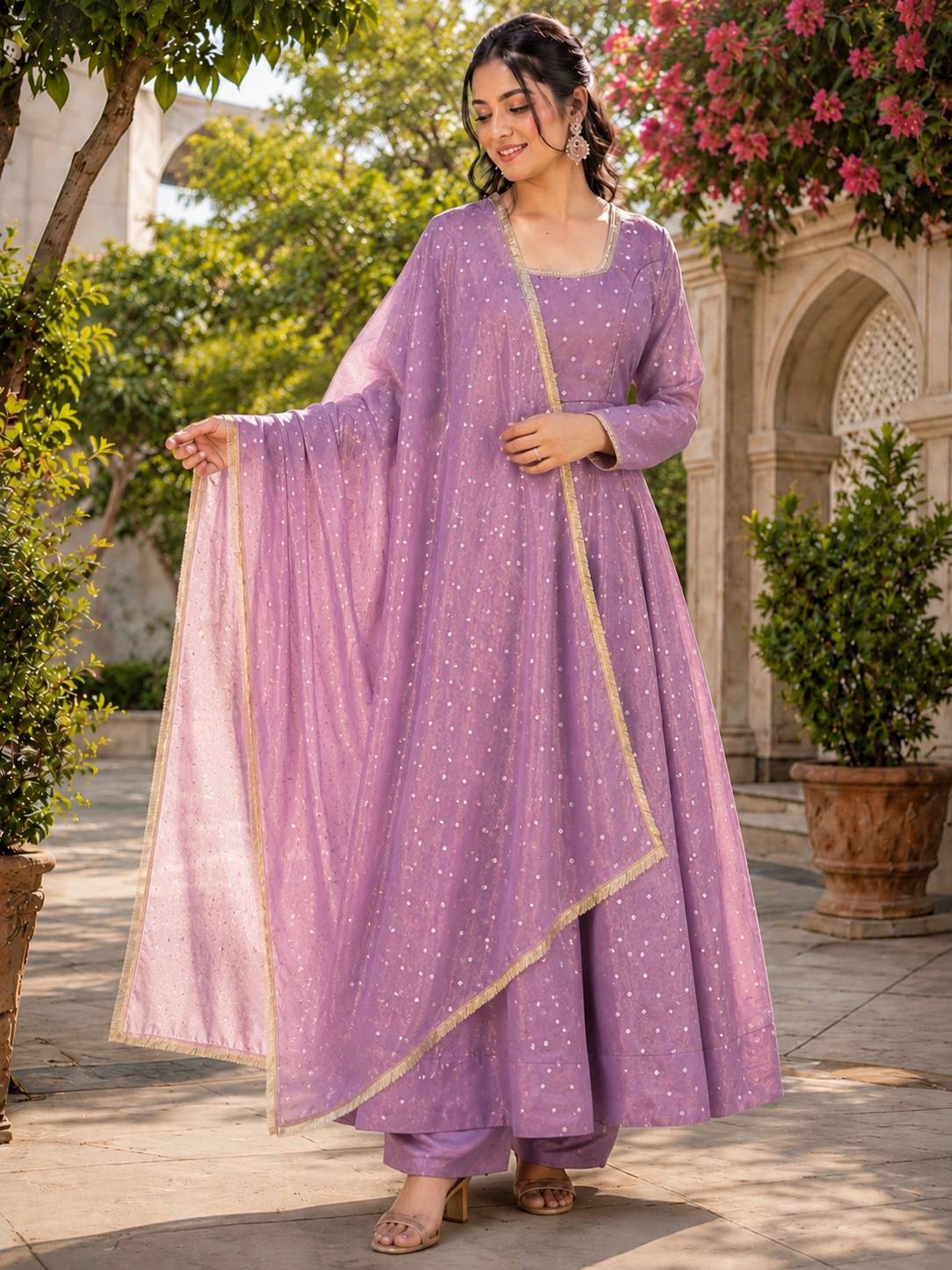Lavender Soft NC Moss Butty Anarkali Suit Set with Pant & Dupatta
